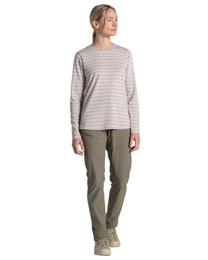 Oyster Stripe coloured Craghoppers Womens NosiLife Akona Long Sleeved Top on white background 