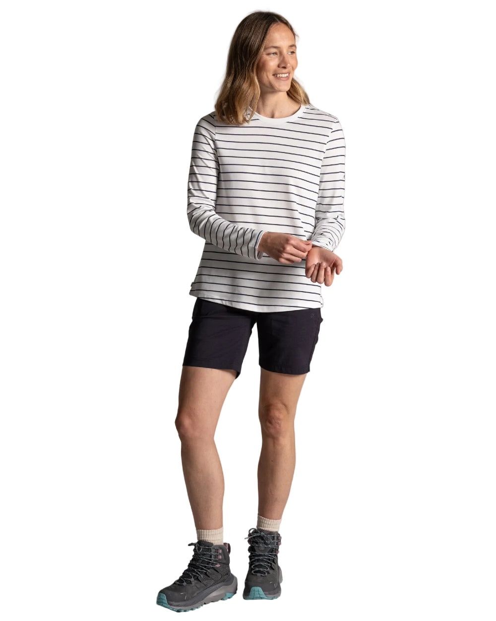 Sail White Blue Navy Stripe coloured Craghoppers Womens NosiLife Akona Long Sleeved Top on white background 