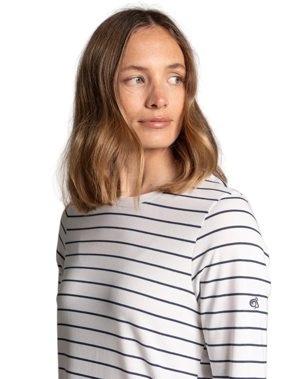 Sail White Blue Navy Stripe coloured Craghoppers Womens NosiLife Akona Long Sleeved Top on white background 