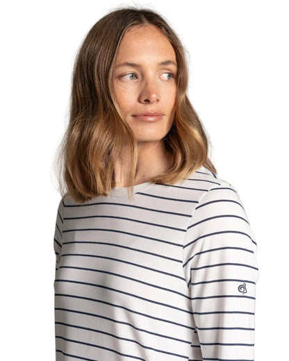 Sail White Blue Navy Stripe coloured Craghoppers Womens NosiLife Akona Long Sleeved Top on white background 