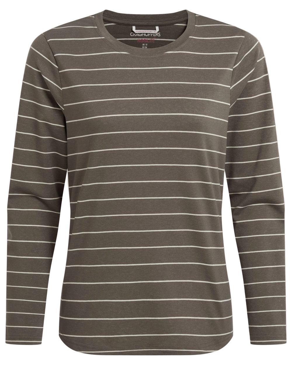 Wild Olive Stripe coloured Craghoppers Womens NosiLife Akona Long Sleeved Top on white background 