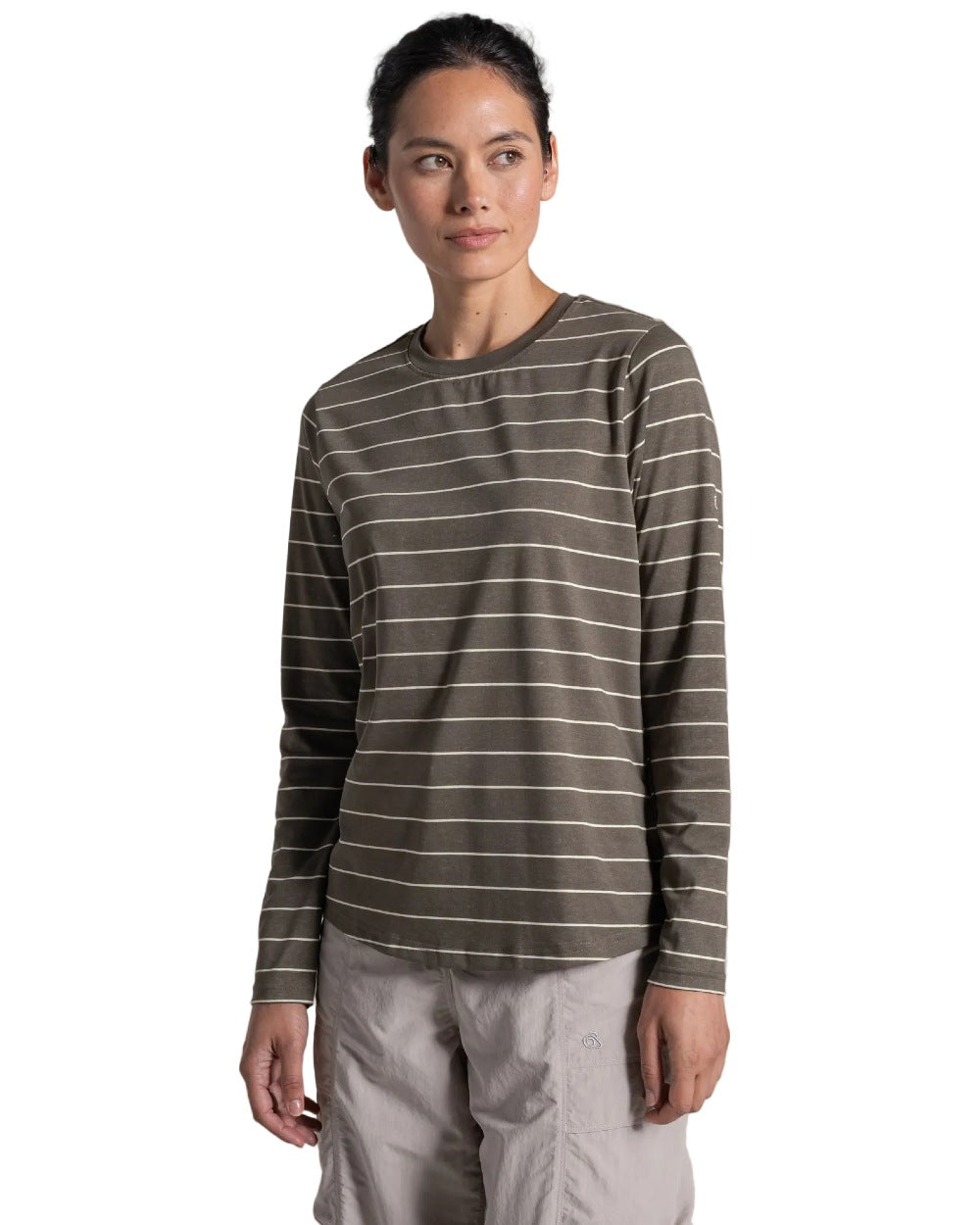 Wild Olive Stripe coloured Craghoppers Womens NosiLife Akona Long Sleeved Top on white background 