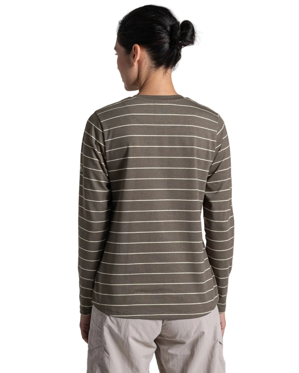 Wild Olive Stripe coloured Craghoppers Womens NosiLife Akona Long Sleeved Top on white background 