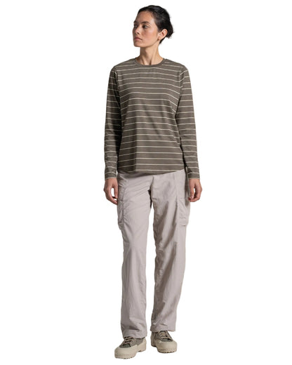 Wild Olive Stripe coloured Craghoppers Womens NosiLife Akona Long Sleeved Top on white background 