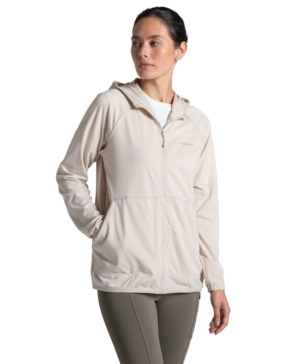 Oyster Marl coloured Craghoppers Womens NosiLife Aya Hooded Jacket on white background 