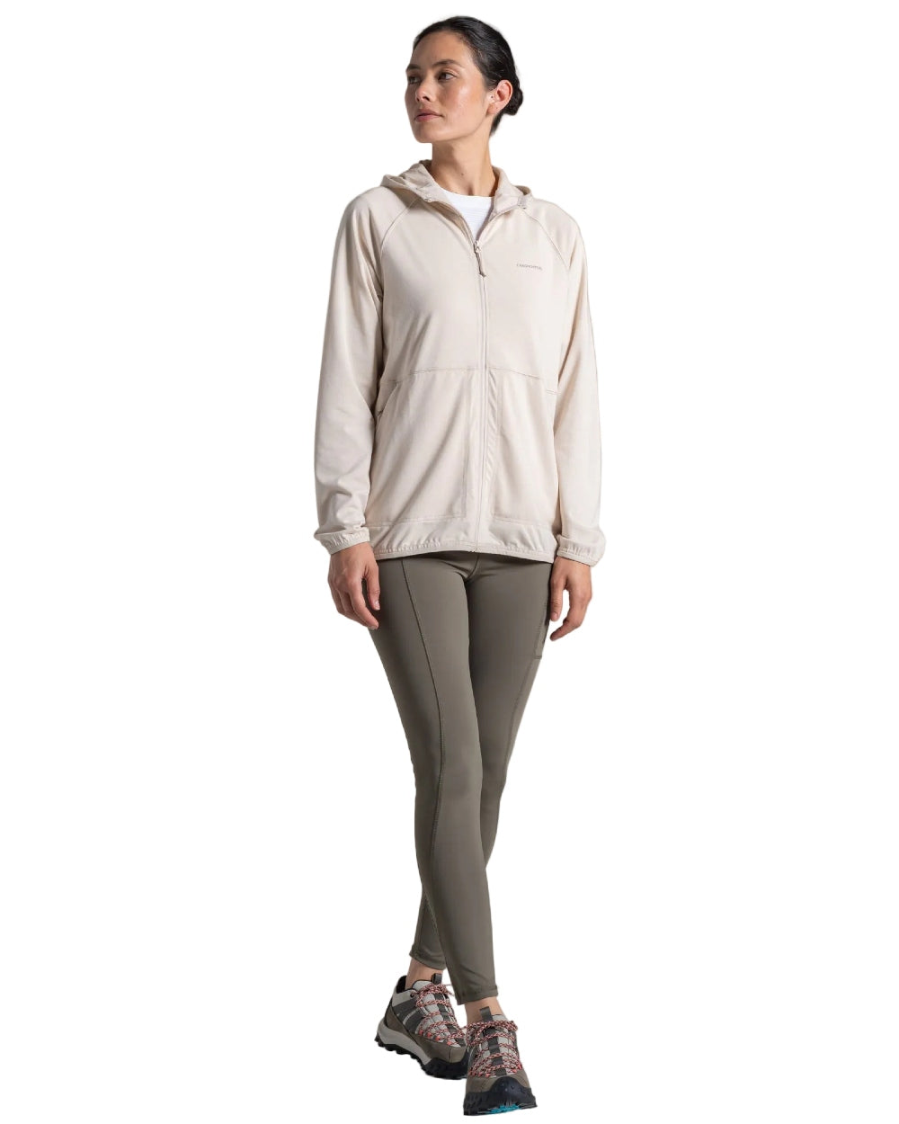 Oyster Marl coloured Craghoppers Womens NosiLife Aya Hooded Jacket on white background 