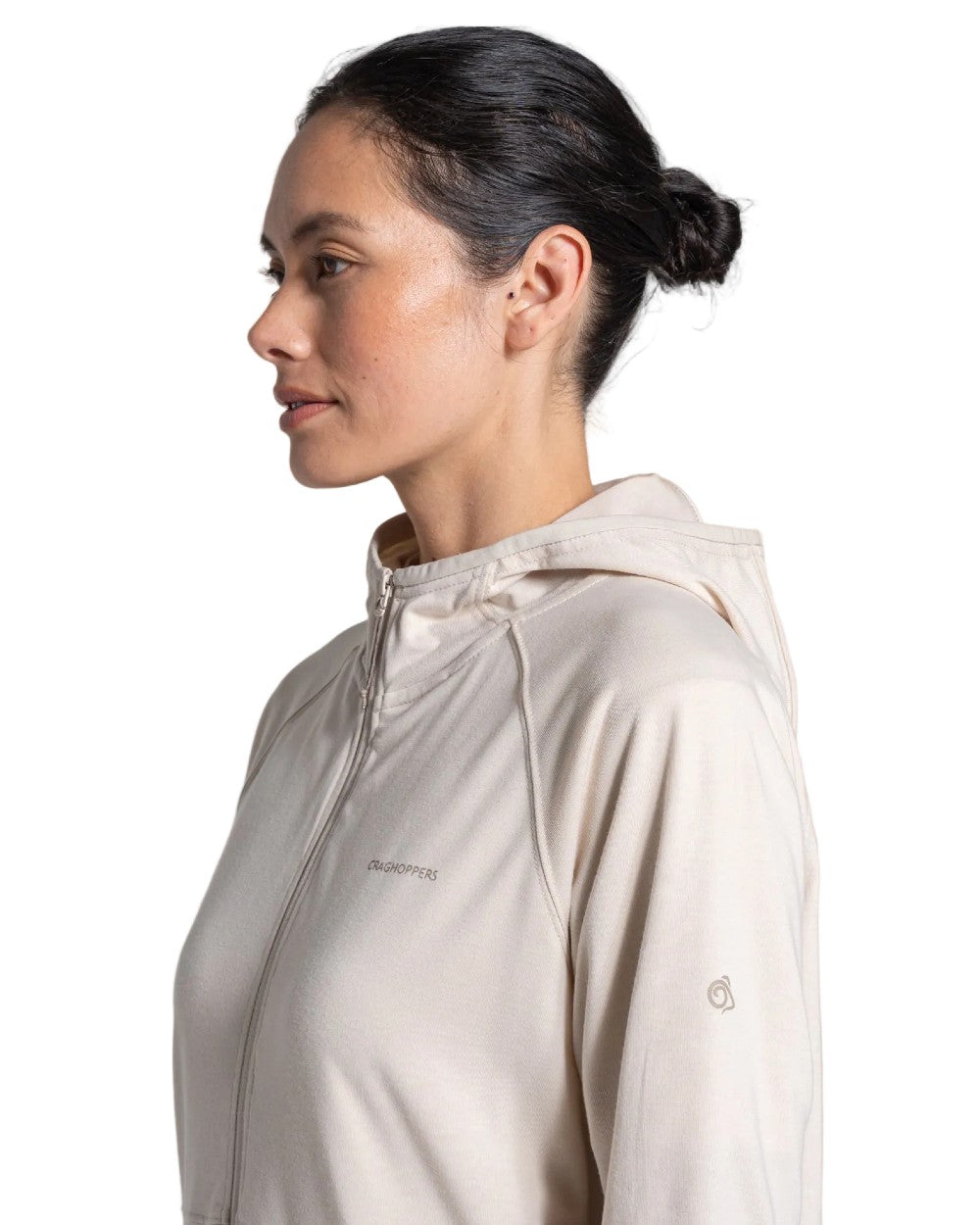Oyster Marl coloured Craghoppers Womens NosiLife Aya Hooded Jacket on white background 
