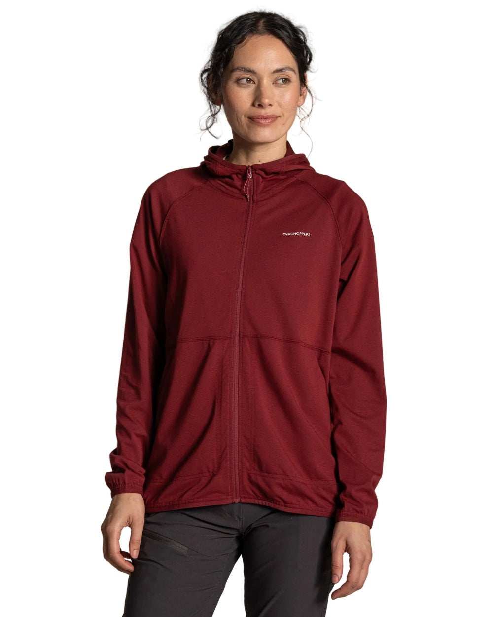 Riad Red coloured Craghoppers Womens NosiLife Aya Hooded Jacket on white background 