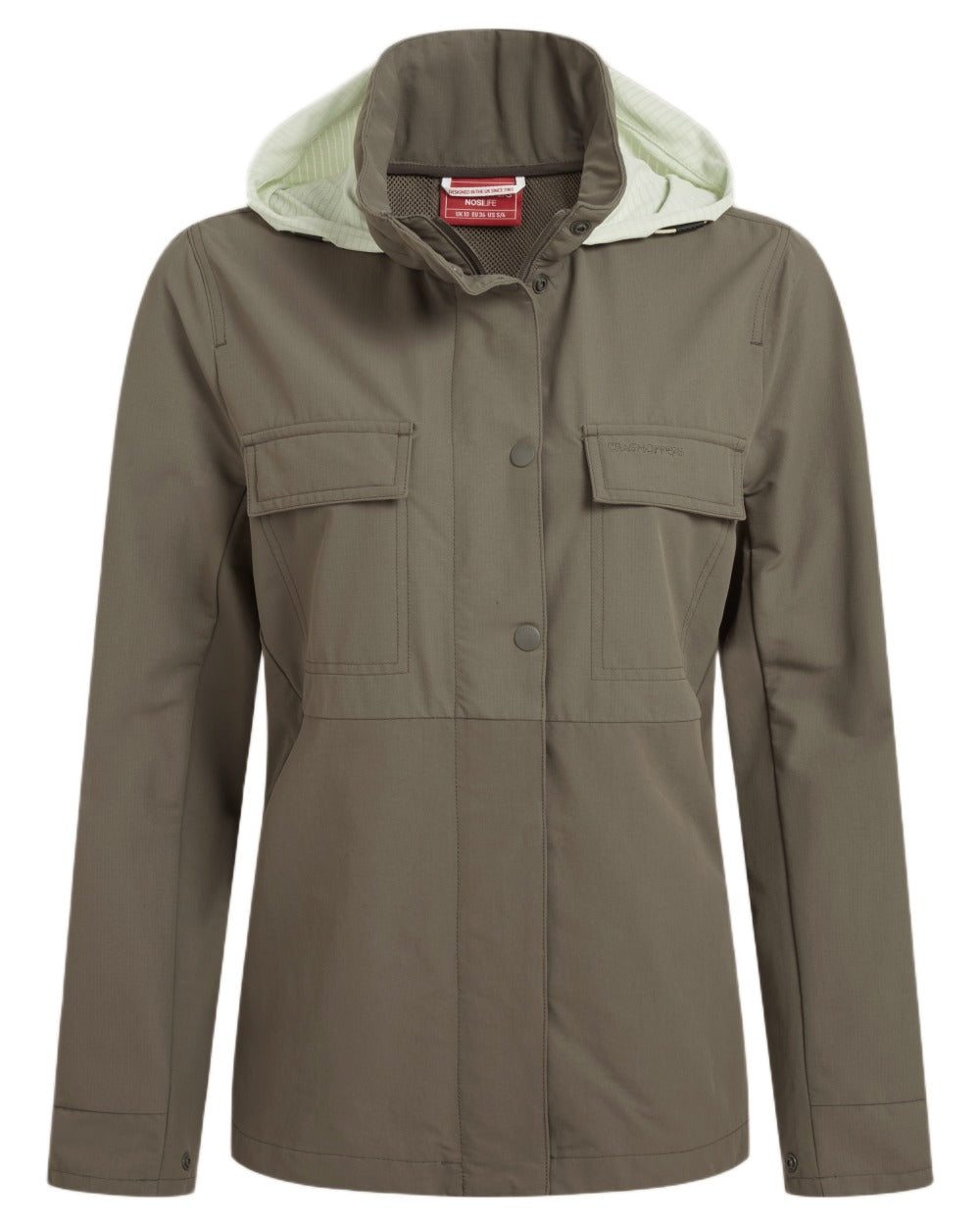 Wild Olive coloured Craghoppers Womens NosiLife Farah Jacket on white background 