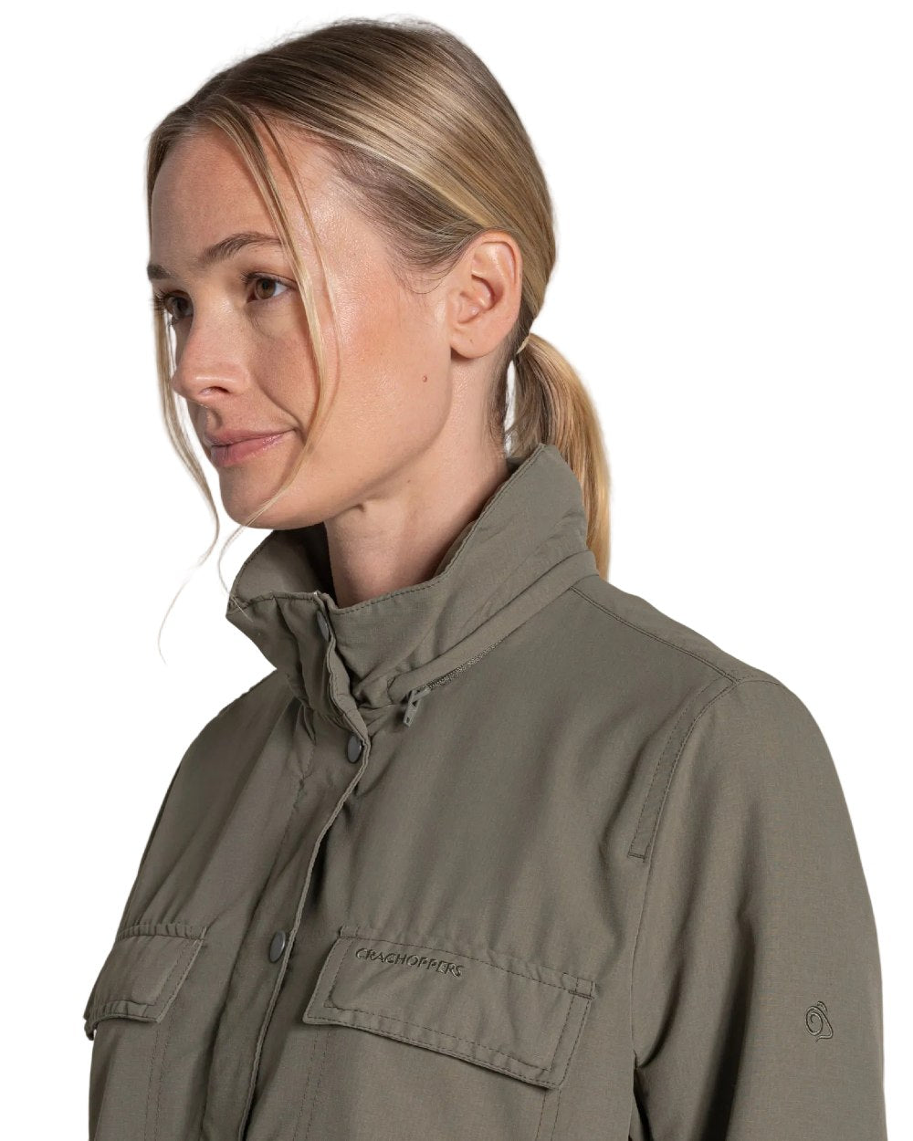 Wild Olive coloured Craghoppers Womens NosiLife Farah Jacket on white background 