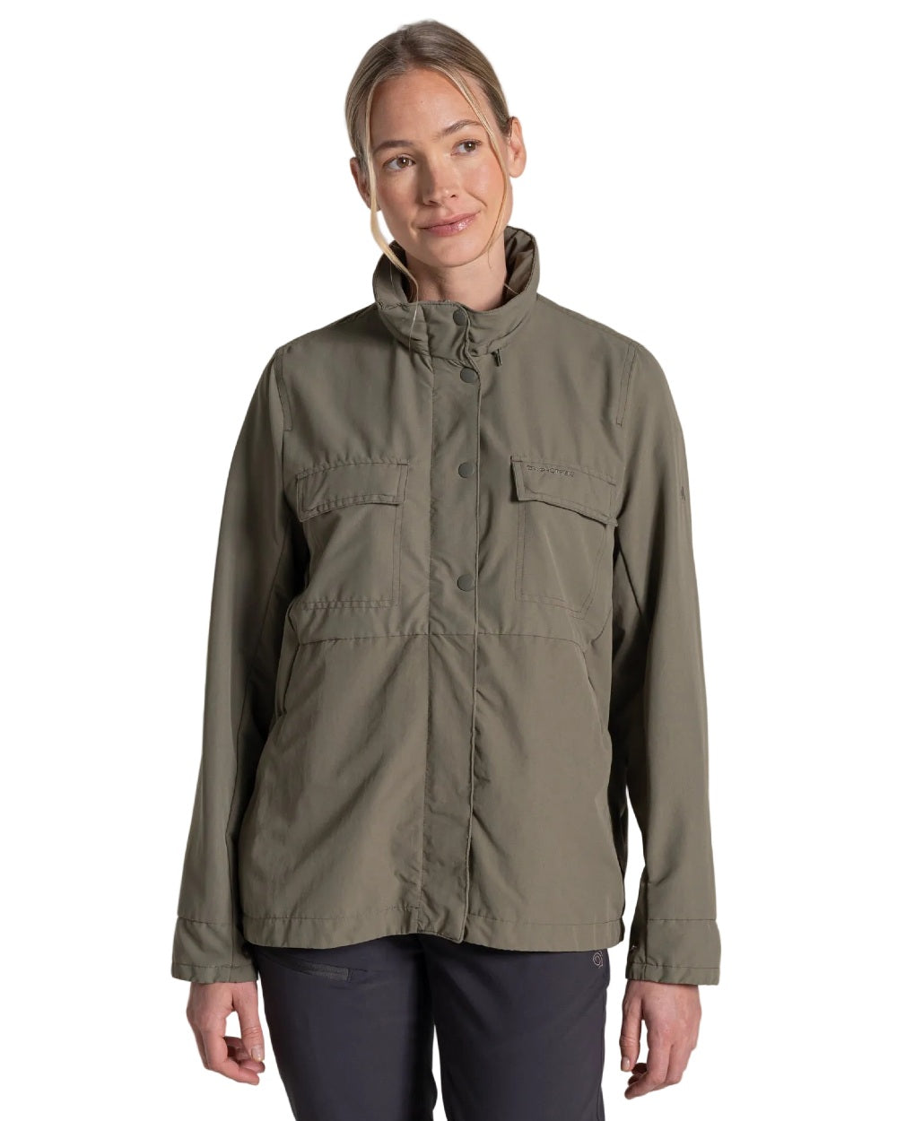 Wild Olive coloured Craghoppers Womens NosiLife Farah Jacket on white background 