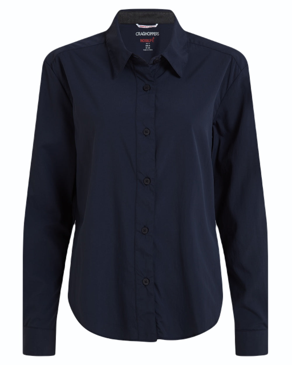 Blue Navy coloured Craghoppers Womens NosiLife Freeda Long Sleeved Shirt on white background 