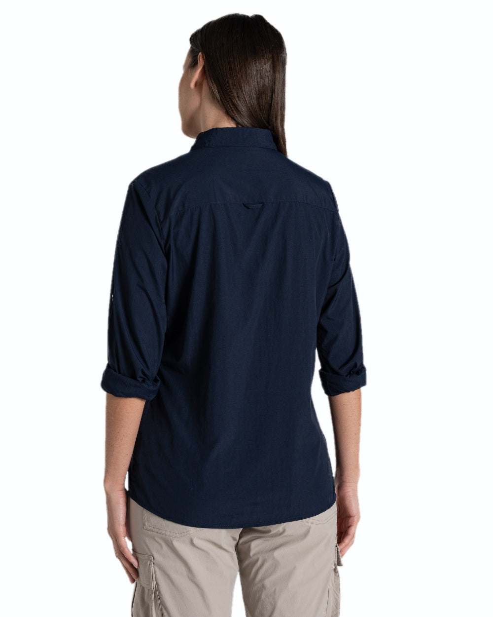Blue Navy coloured Craghoppers Womens NosiLife Freeda Long Sleeved Shirt on white background 