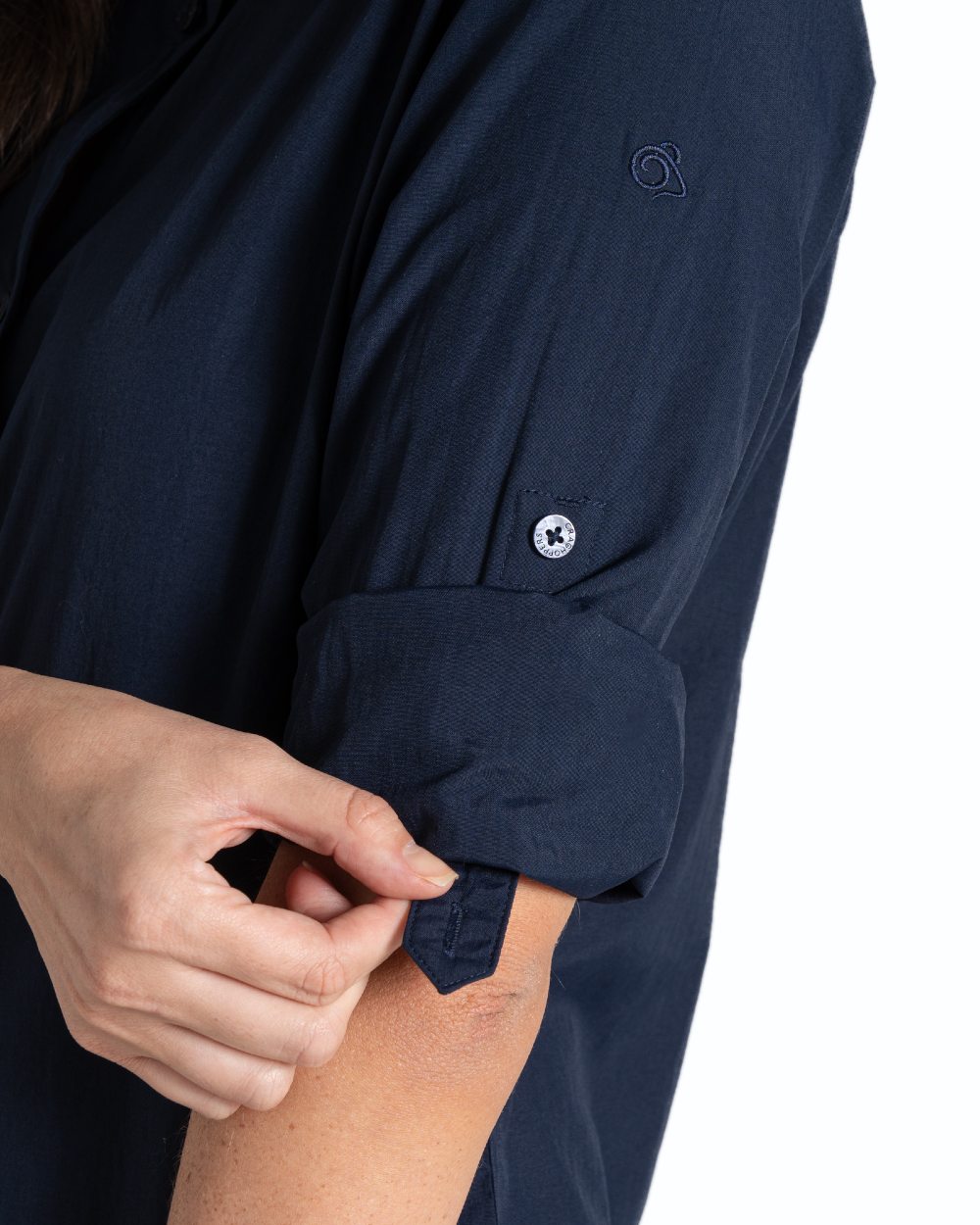 Blue Navy coloured Craghoppers Womens NosiLife Freeda Long Sleeved Shirt on white background 