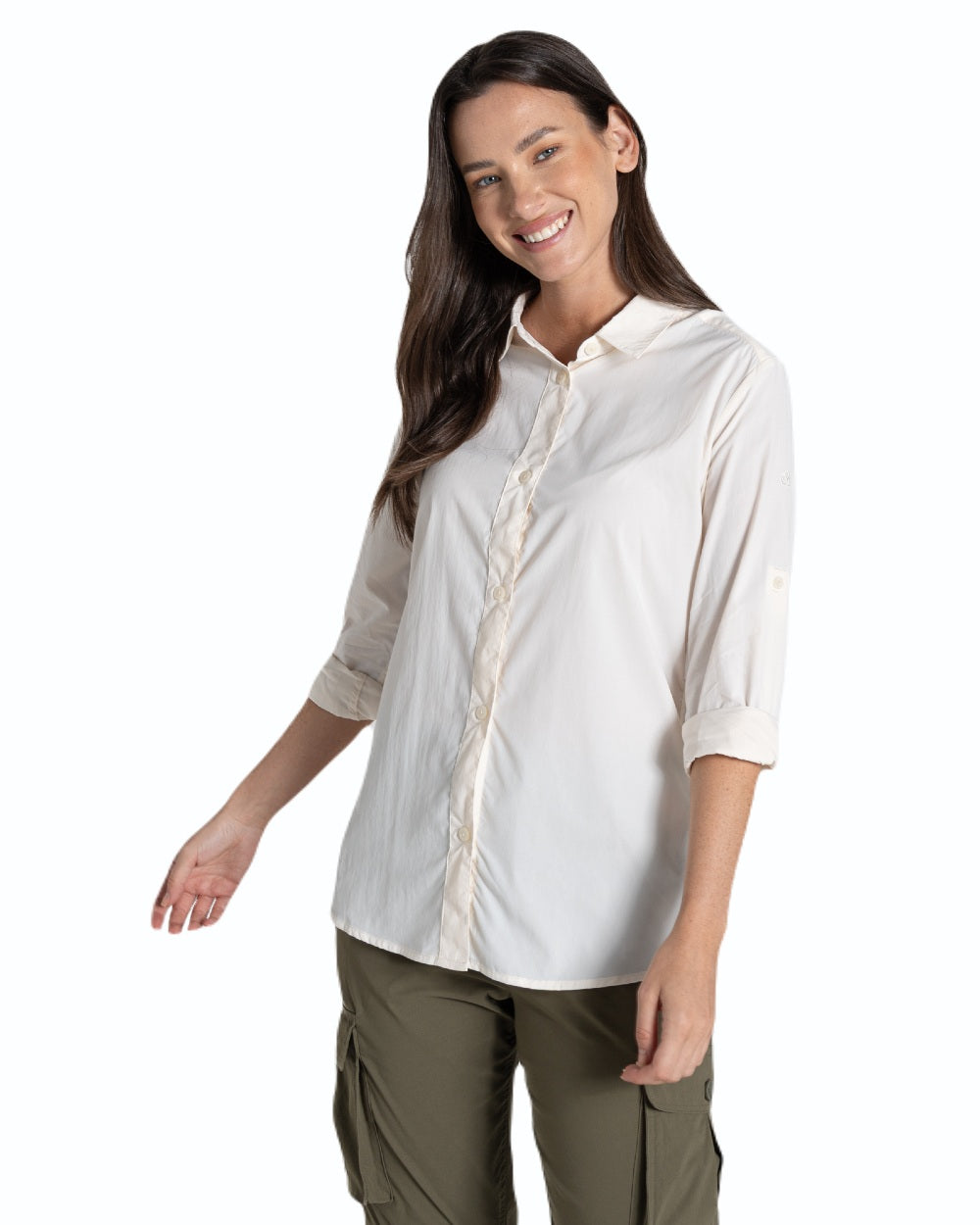 Sea Salt coloured Craghoppers Womens NosiLife Freeda Long Sleeved Shirt on white background 