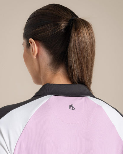 Orchid White Craghoppers omens Nosilife Hazelmere Short Sleeved Polo Top on Beige Background 