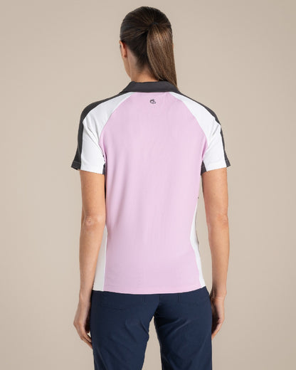 Orchid White Craghoppers omens Nosilife Hazelmere Short Sleeved Polo Top on Beige Background 