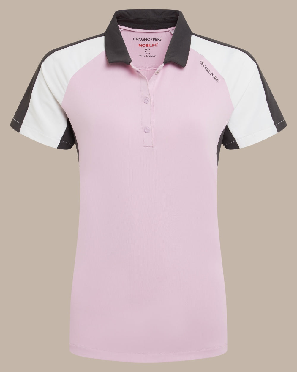 Orchid White Craghoppers omens Nosilife Hazelmere Short Sleeved Polo Top on Beige Background 
