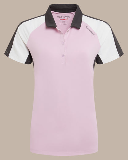 Orchid White Craghoppers omens Nosilife Hazelmere Short Sleeved Polo Top on Beige Background 