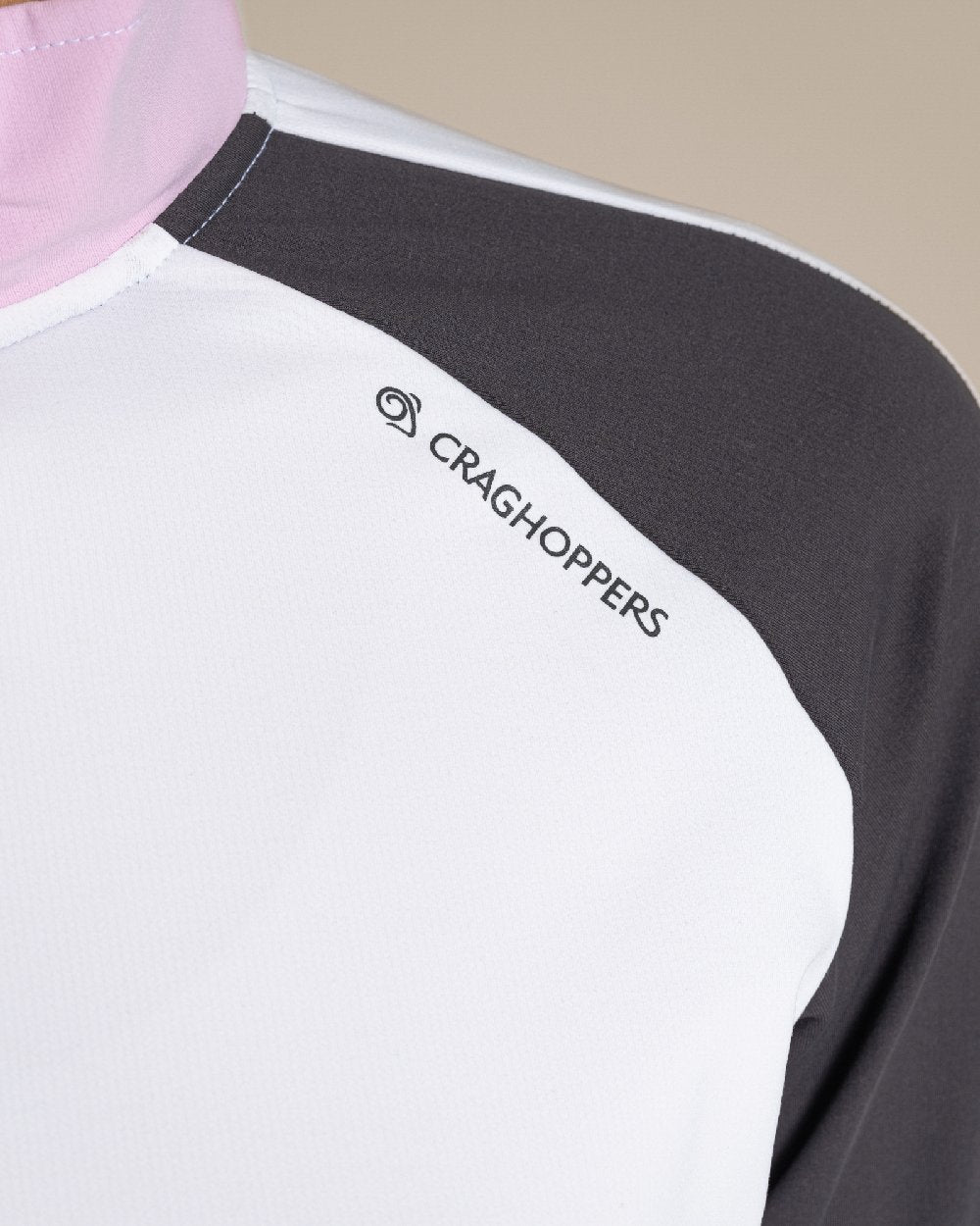 White Dark Iron Coloured Craghoppers Womens Nosilife lvybridge Half Zip Top on Beige Background 