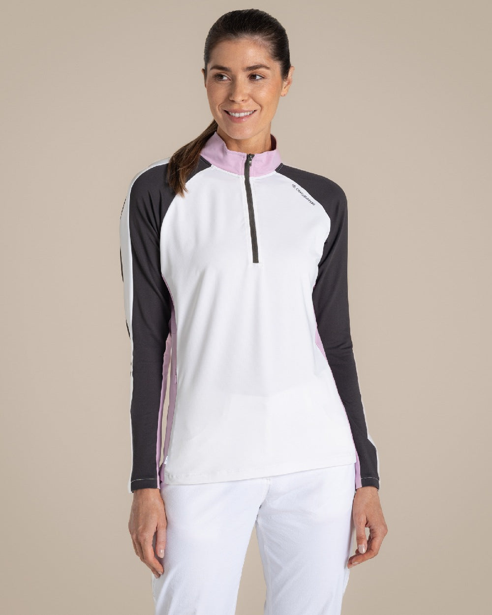 White Dark Iron Coloured Craghoppers Womens Nosilife lvybridge Half Zip Top on Beige Background 