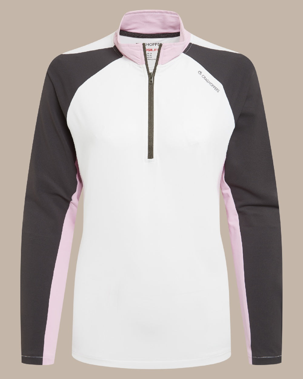 White Dark Iron Coloured Craghoppers Womens Nosilife lvybridge Half Zip Top on Beige Background 