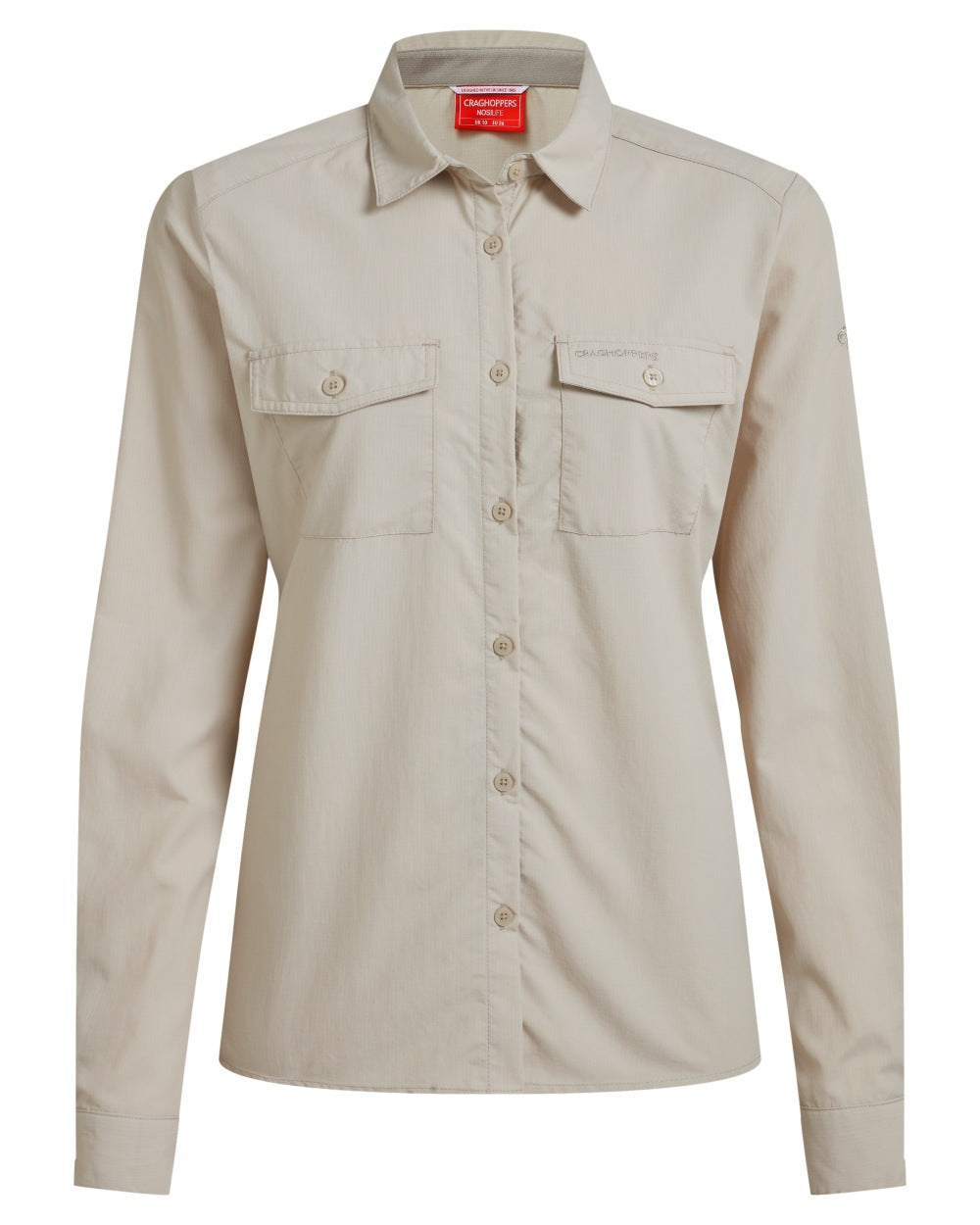 Oyster coloured Craghoppers Womens NosiLife Loukkos Long Sleeved Shirt on white background 