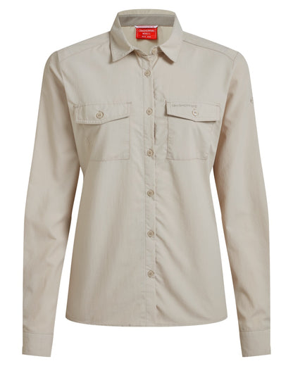 Oyster coloured Craghoppers Womens NosiLife Loukkos Long Sleeved Shirt on white background 