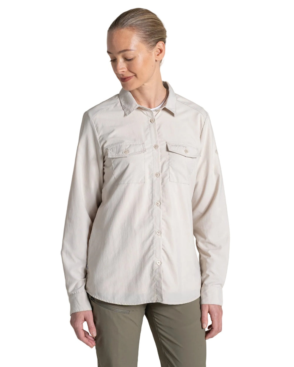 Oyster coloured Craghoppers Womens NosiLife Loukkos Long Sleeved Shirt on white background 