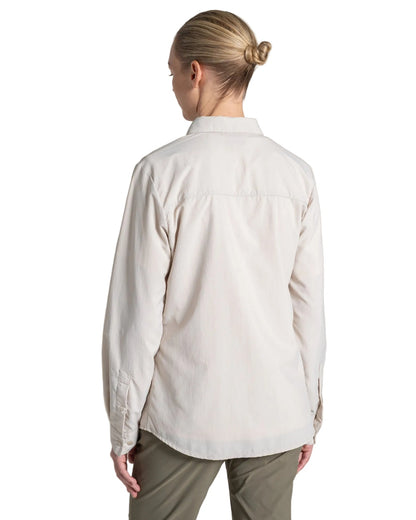 Oyster coloured Craghoppers Womens NosiLife Loukkos Long Sleeved Shirt on white background 