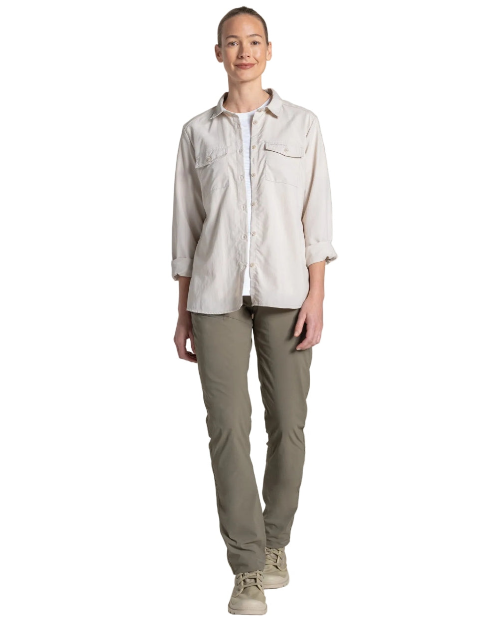Oyster coloured Craghoppers Womens NosiLife Loukkos Long Sleeved Shirt on white background 