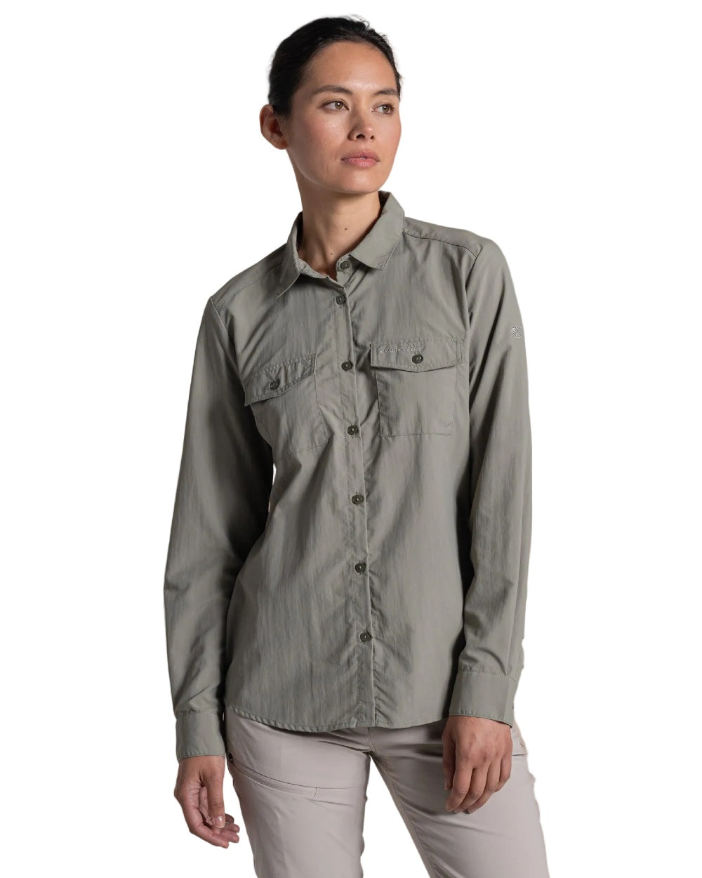 Vert coloured Craghoppers Womens NosiLife Loukkos Long Sleeved Shirt on white background 