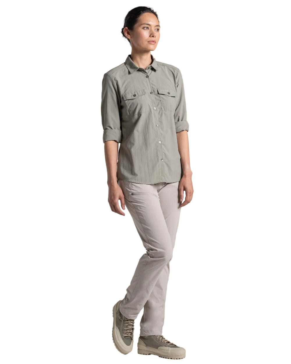 Vert coloured Craghoppers Womens NosiLife Loukkos Long Sleeved Shirt on white background 