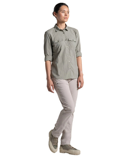 Vert coloured Craghoppers Womens NosiLife Loukkos Long Sleeved Shirt on white background 