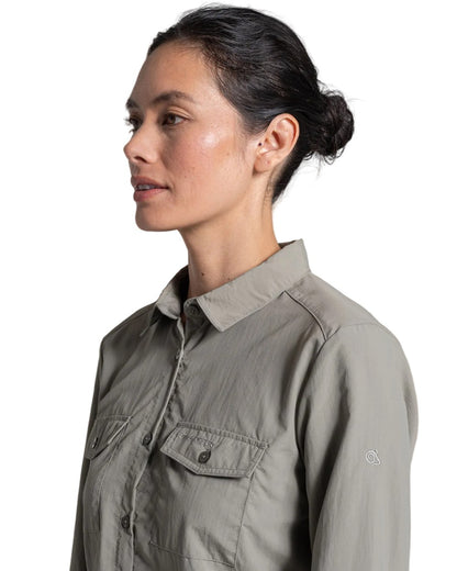 Vert coloured Craghoppers Womens NosiLife Loukkos Long Sleeved Shirt on white background 