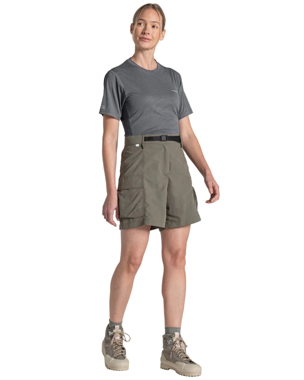 Wild Olive coloured Craghoppers Womens NosiLife Medina Cargo Shorts on white background 