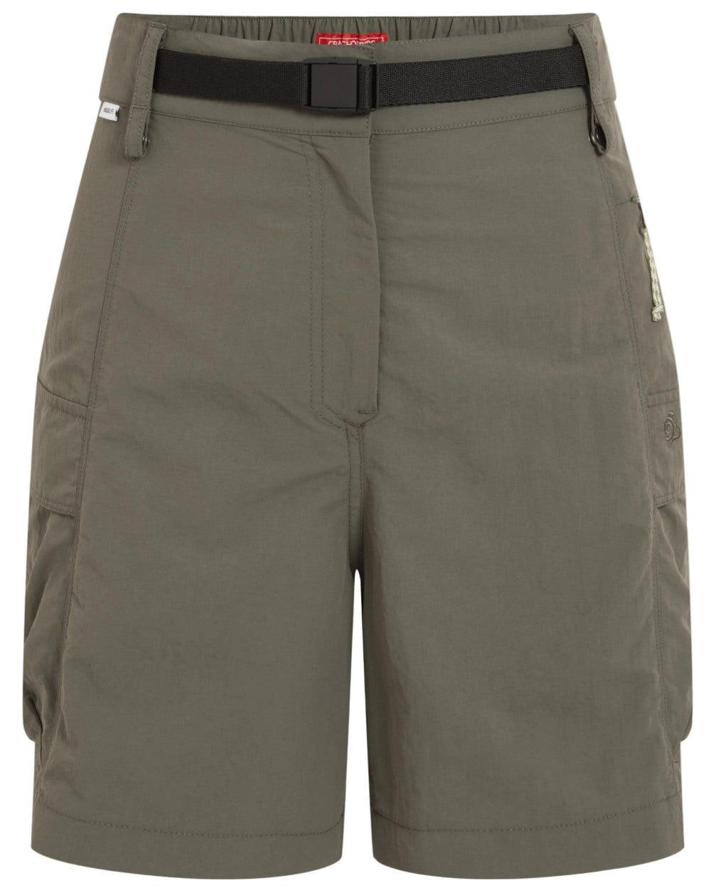Wild Olive coloured Craghoppers Womens NosiLife Medina Cargo Shorts on white background 