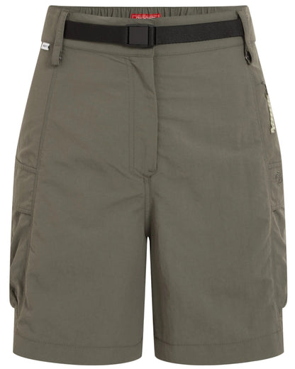 Wild Olive coloured Craghoppers Womens NosiLife Medina Cargo Shorts on white background 