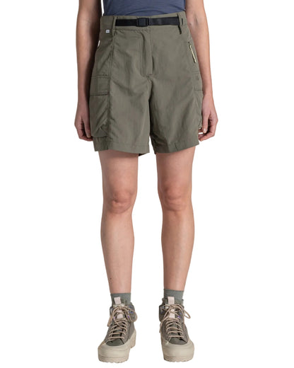 Wild Olive coloured Craghoppers Womens NosiLife Medina Cargo Shorts on white background 