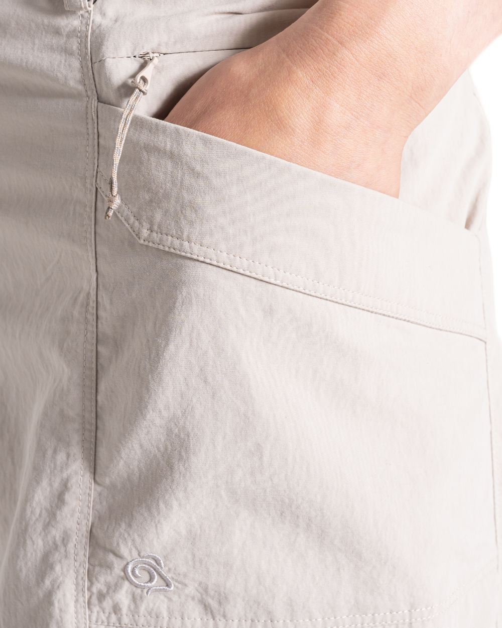 Soft Mushroom coloured Craghoppers Womens NosiLife Medina Cargo Trousers on white background 
