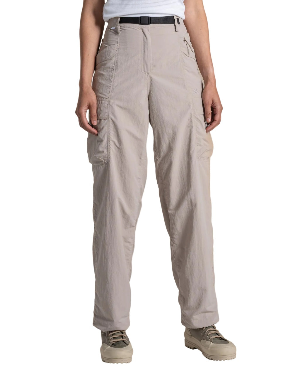 Soft Mushroom coloured Craghoppers Womens NosiLife Medina Cargo Trousers on white background 