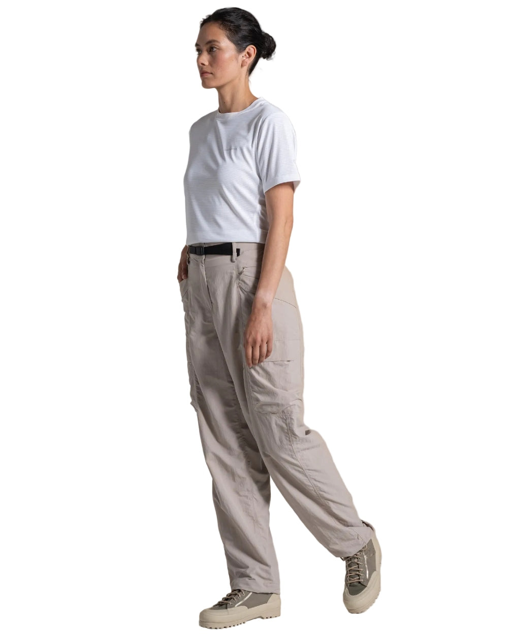 Soft Mushroom coloured Craghoppers Womens NosiLife Medina Cargo Trousers on white background 