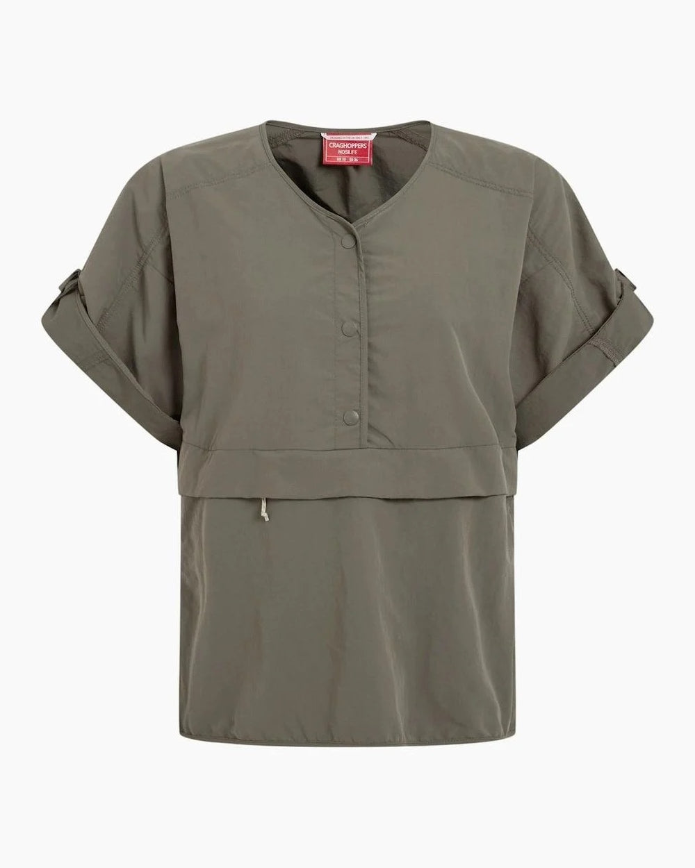 Wild Olive Coloured Craghoppers Womens Nosilife Medina Short Sleeved Overhead Shirt on White Background 