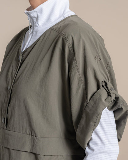 Wild Olive Coloured Craghoppers Womens Nosilife Medina Short Sleeved Overhead Shirt on Beige Background 