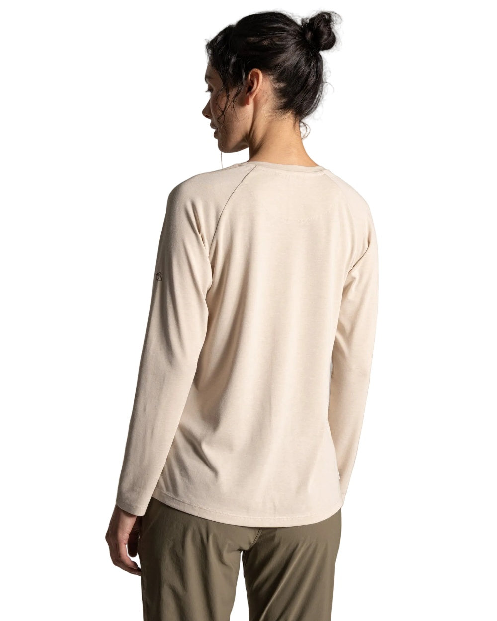 Oyster Marl coloured Craghoppers Womens NosiLife Nour Long Sleeved T-Shirt on white background 