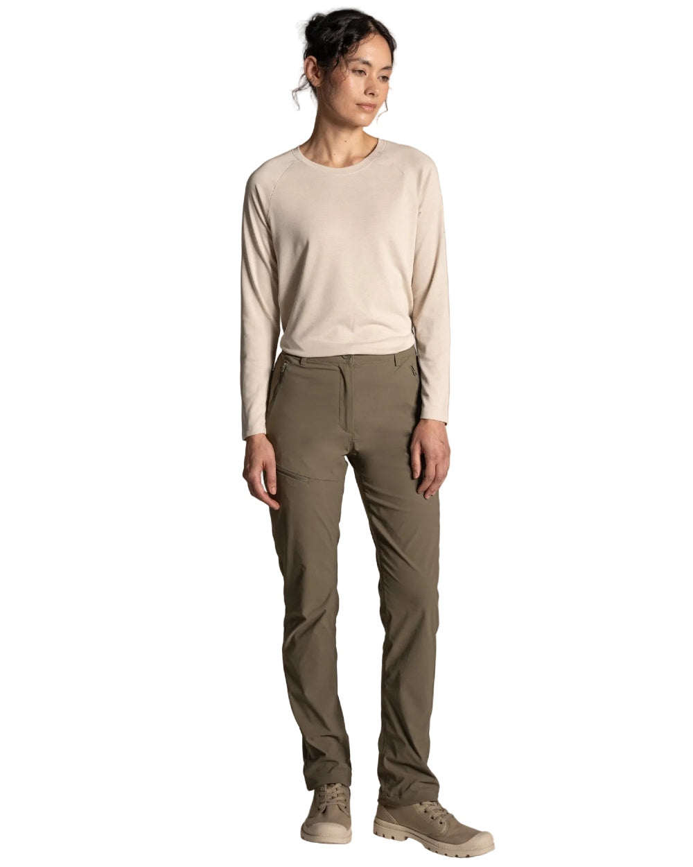 Oyster Marl coloured Craghoppers Womens NosiLife Nour Long Sleeved T-Shirt on white background 
