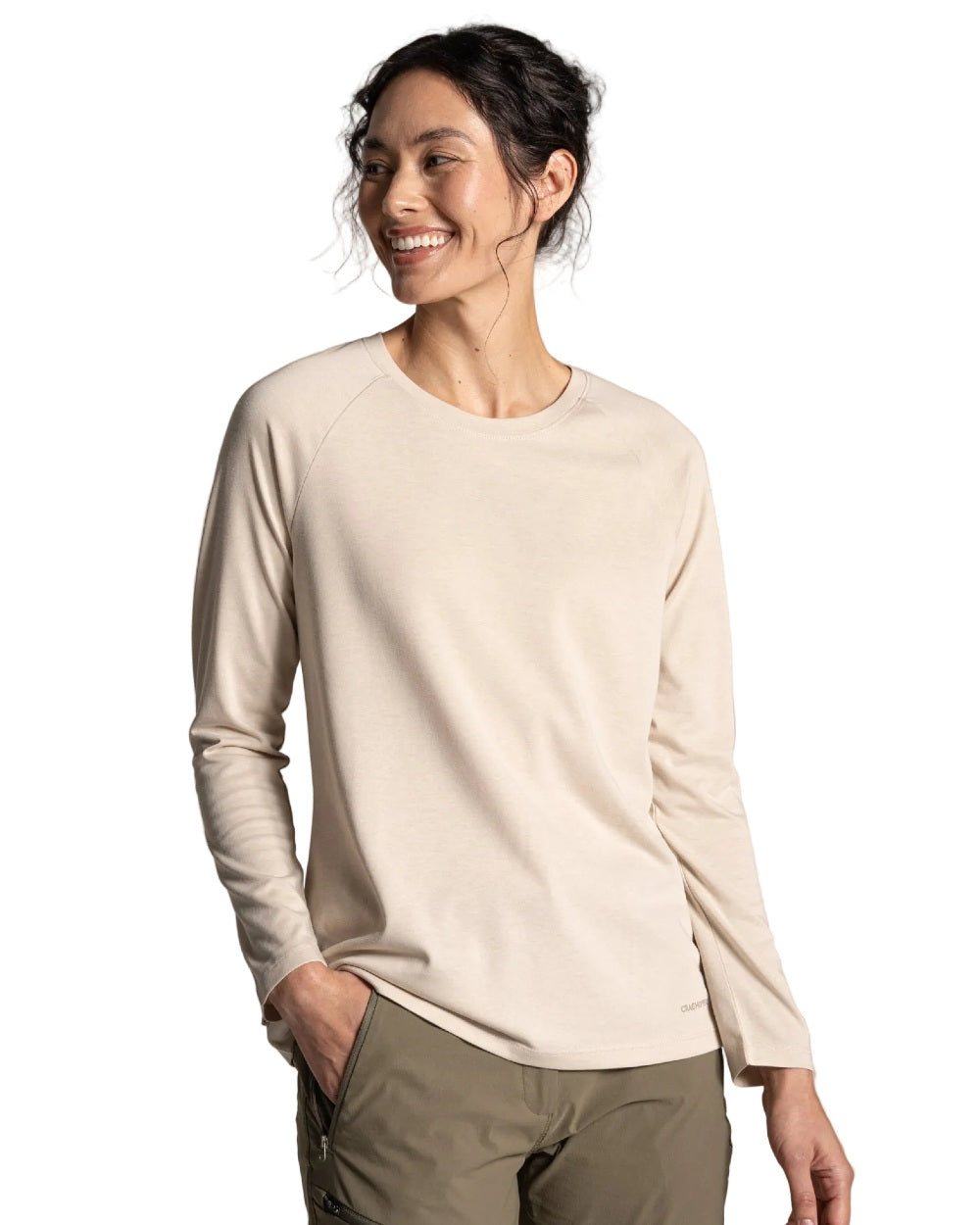 Oyster Marl coloured Craghoppers Womens NosiLife Nour Long Sleeved T-Shirt on white background 