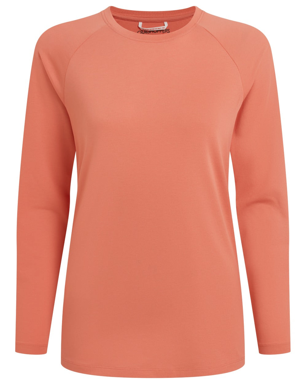 Spiced Apricot coloured Craghoppers Womens NosiLife Nour Long Sleeved T-Shirt on white background 