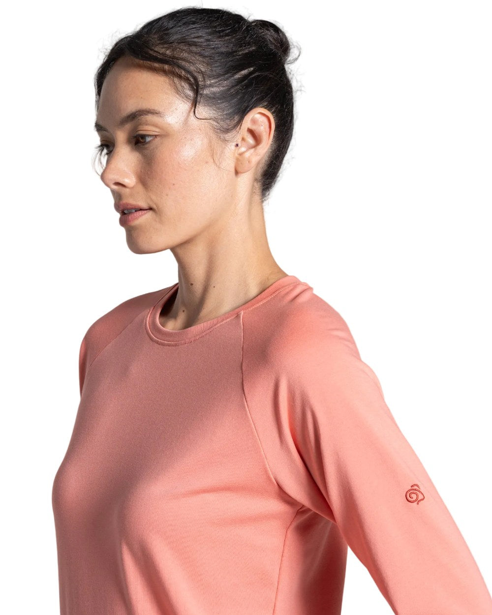 Spiced Apricot coloured Craghoppers Womens NosiLife Nour Long Sleeved T-Shirt on white background 