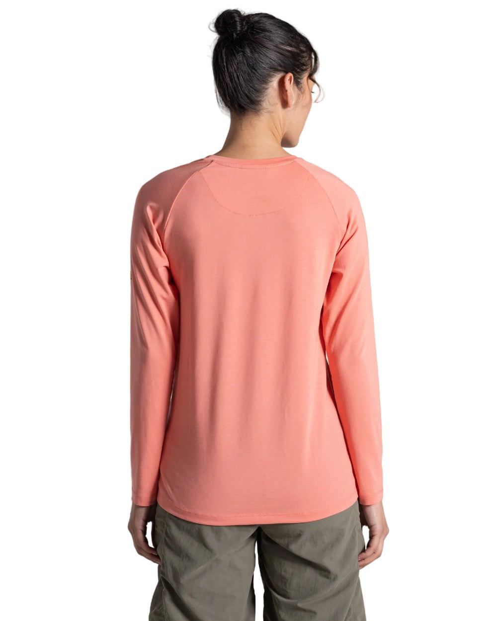 Spiced Apricot coloured Craghoppers Womens NosiLife Nour Long Sleeved T-Shirt on white background 